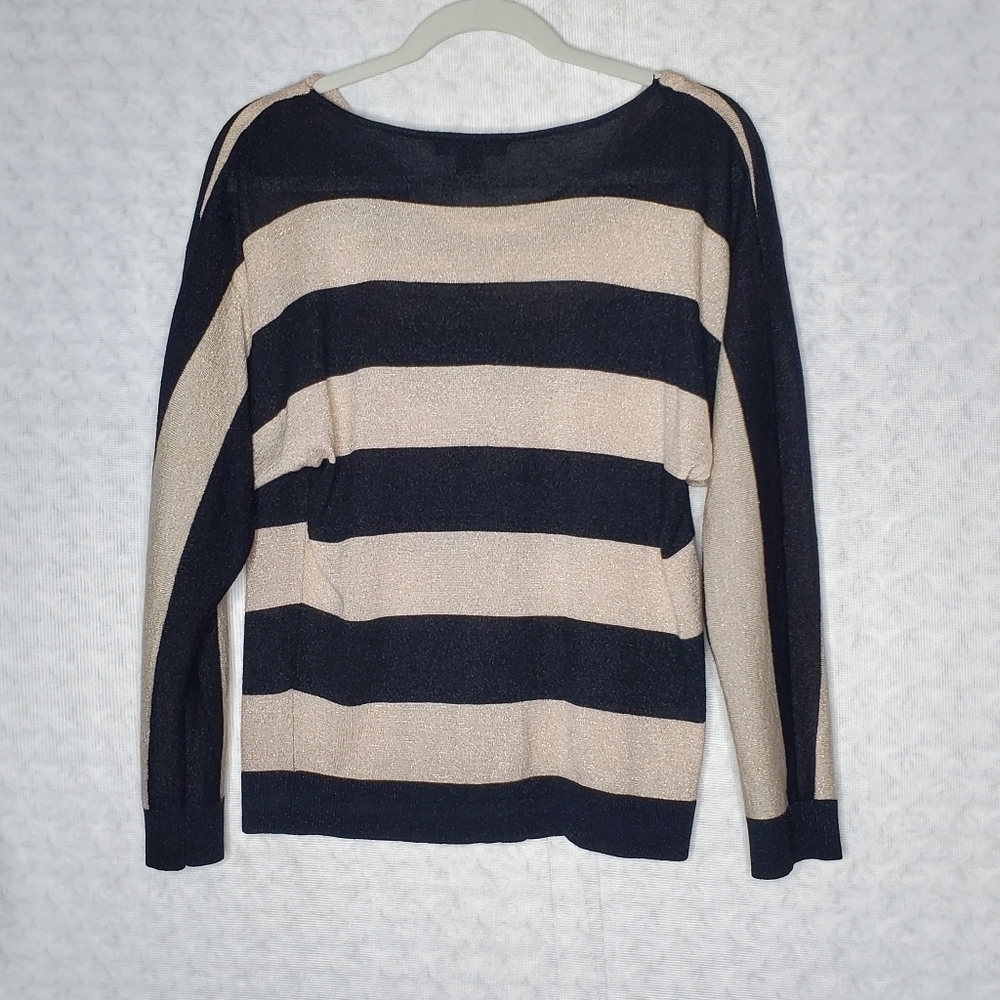 INC Black and Gold Metallic Striped Shimmer Sparkly Top Women's Petite Medium - Picture 3 of 4